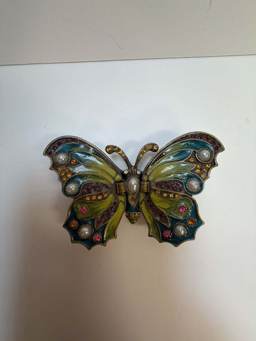 Nikky Enamel Butterfly Hinged Trinket‎ Box with Rhinestones and Faux Pearls